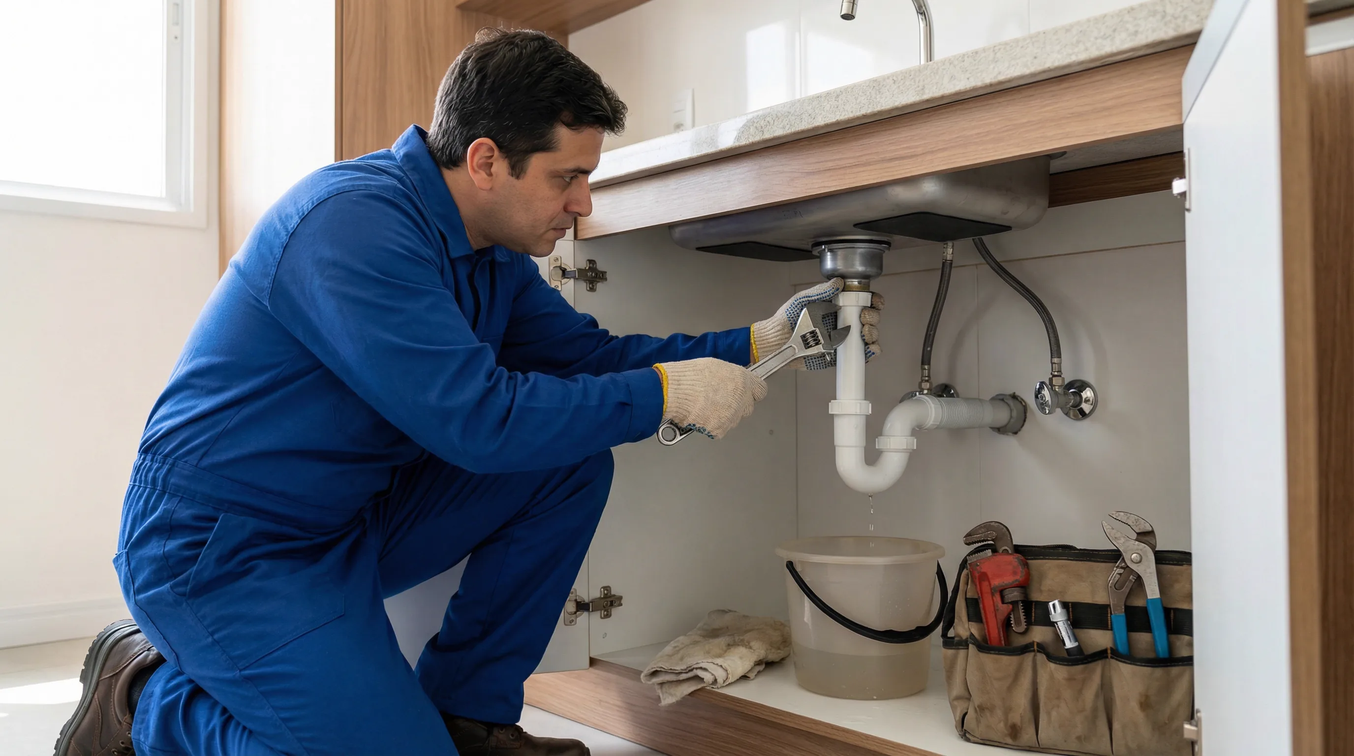 Profissional de caça vazamento realizando inspeção hidráulica embaixo da pia